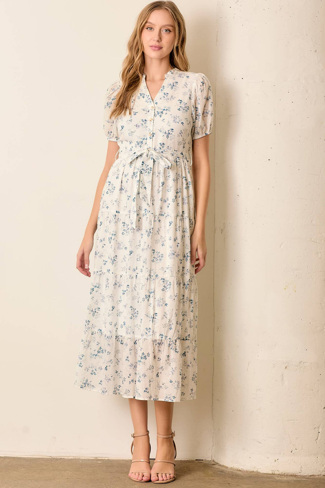 Blossoms on Cream Tiered Midi Dress