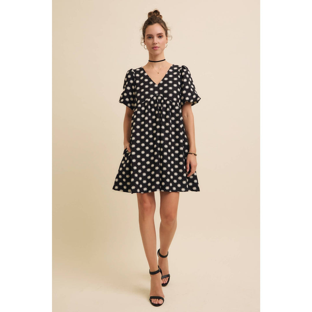 Embroidered Mini Dress with Puff Sleeves and Pockets