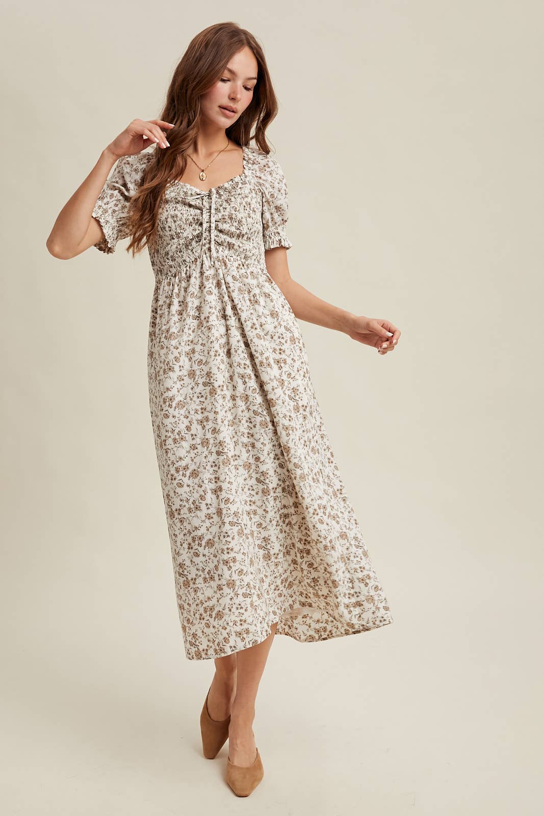 Floral Ruched Midi Dress M