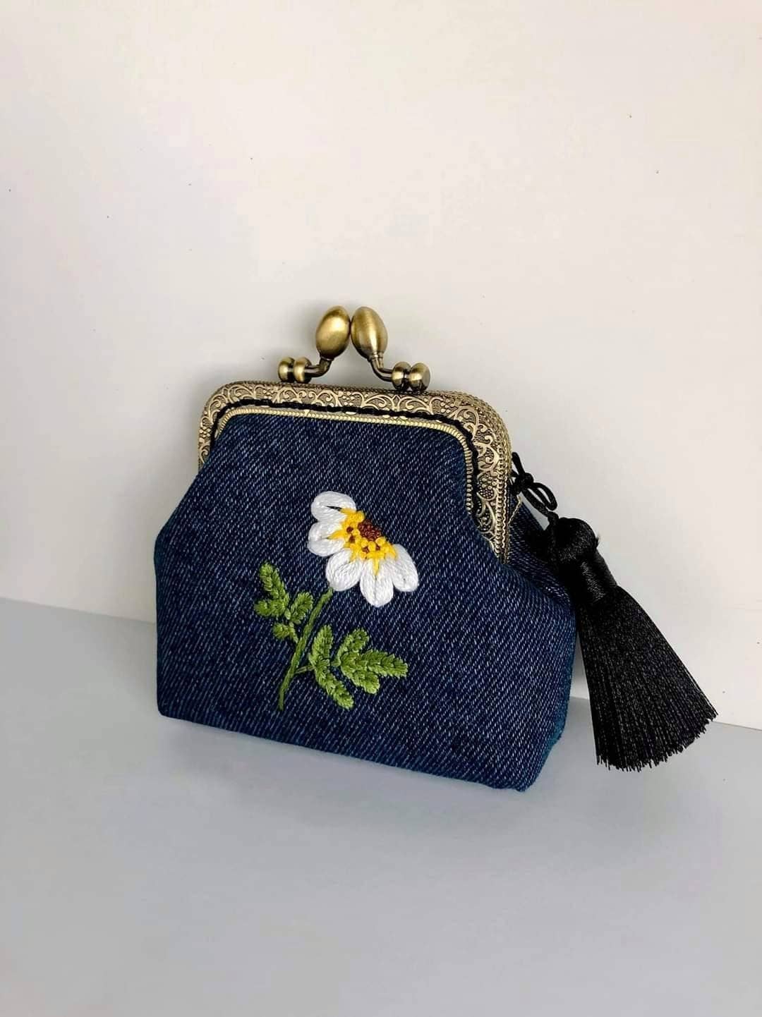 Daisy Embroidered Denim Coin Purse