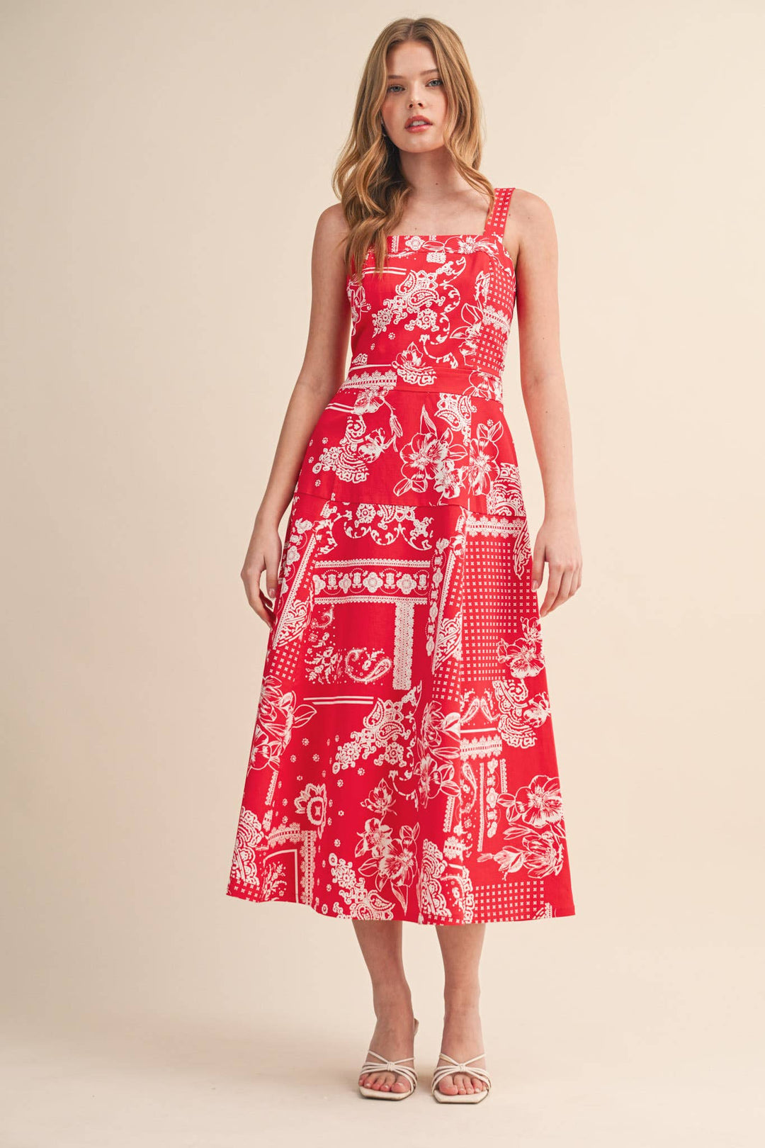 Floral Paisley Print Midi Dress in Red