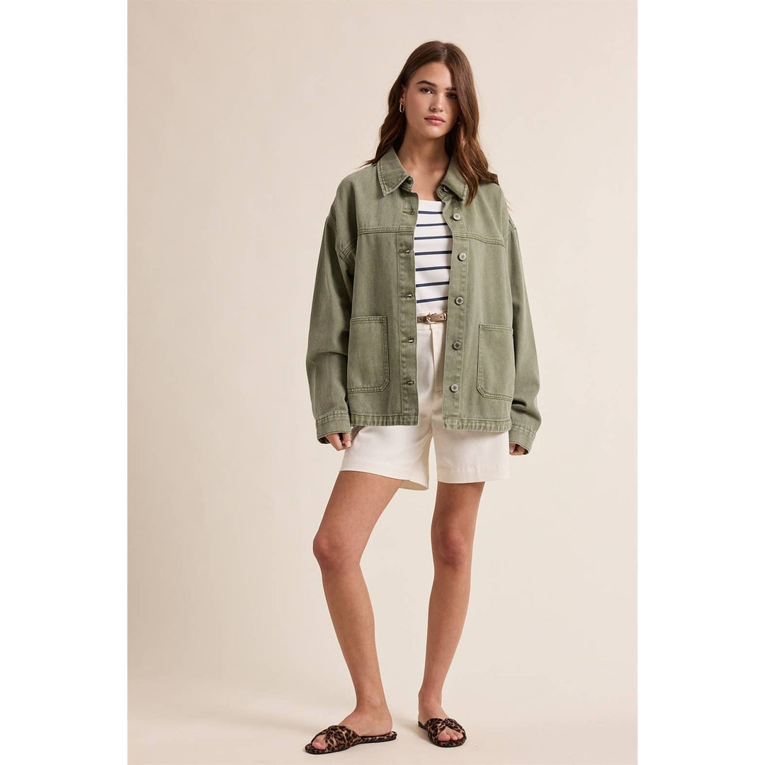 Denim Button Up Jacket in Olive