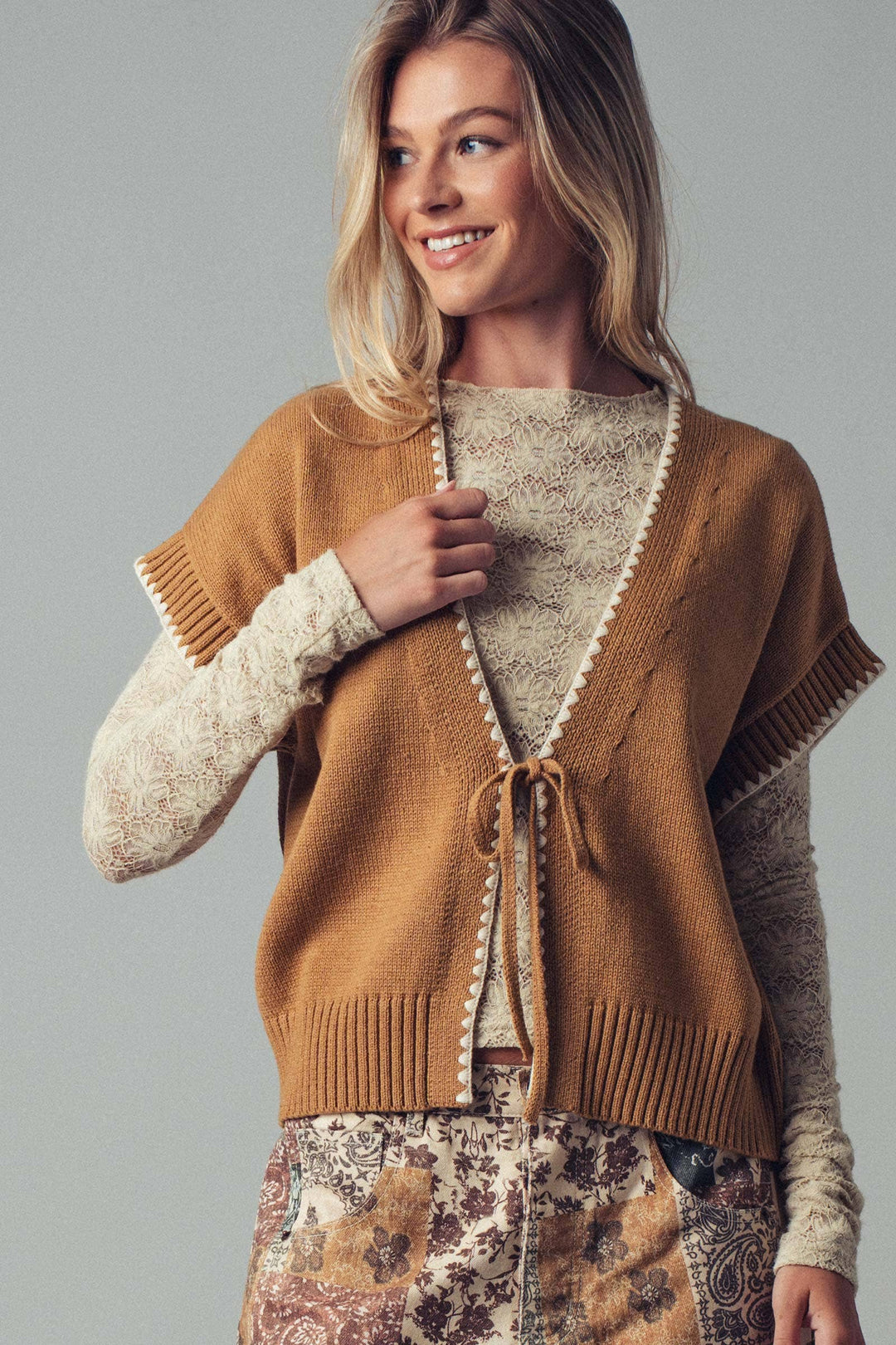 Crochet Trim Tie Front Knit Vest- 2 Colors