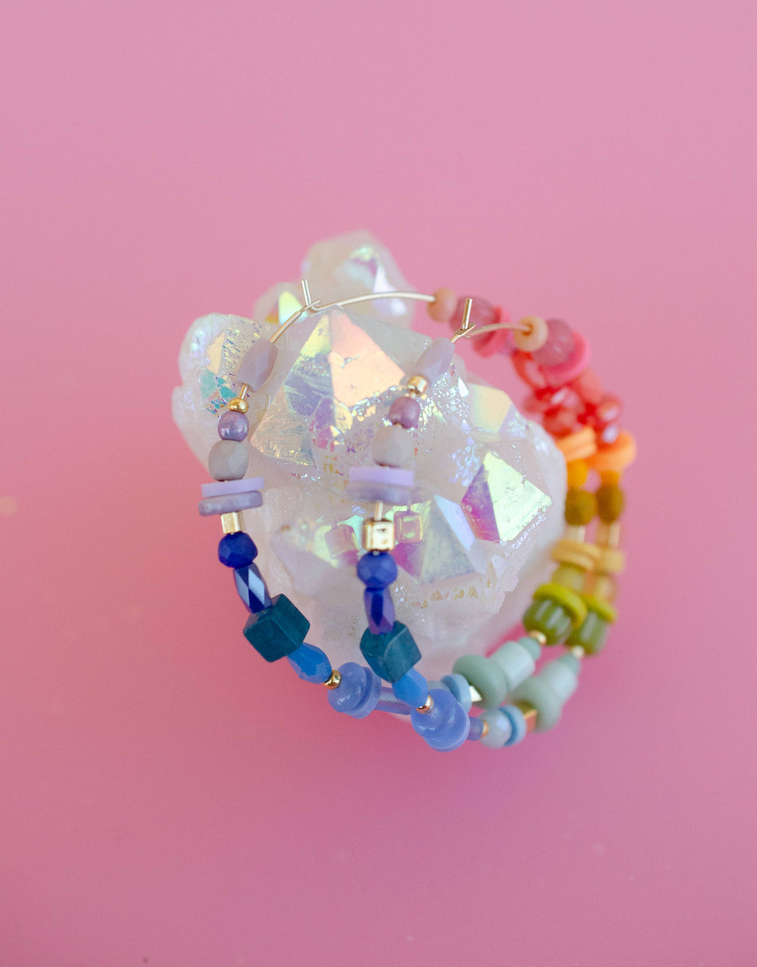 Rainbow Beaded Large Hoop Earrings