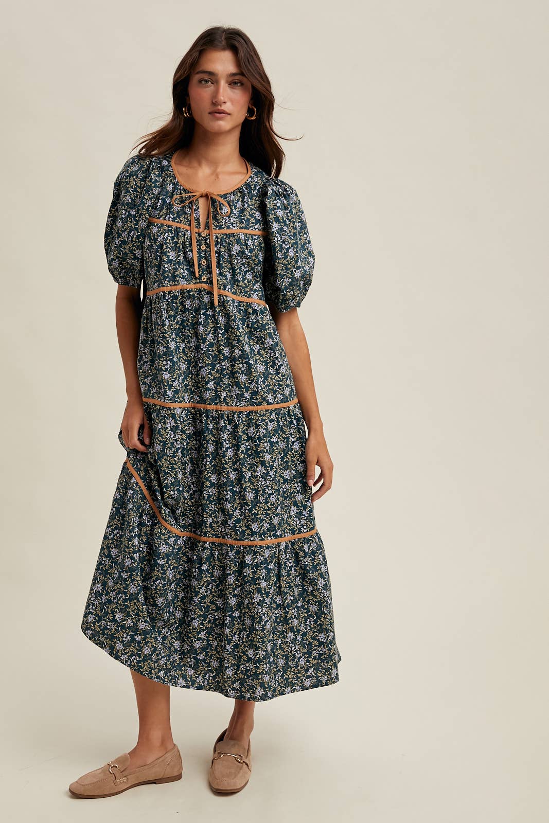 Teal Floral Piping Midi Dress