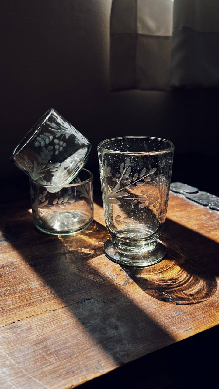 Hand-Etched Blown Footed  Glass