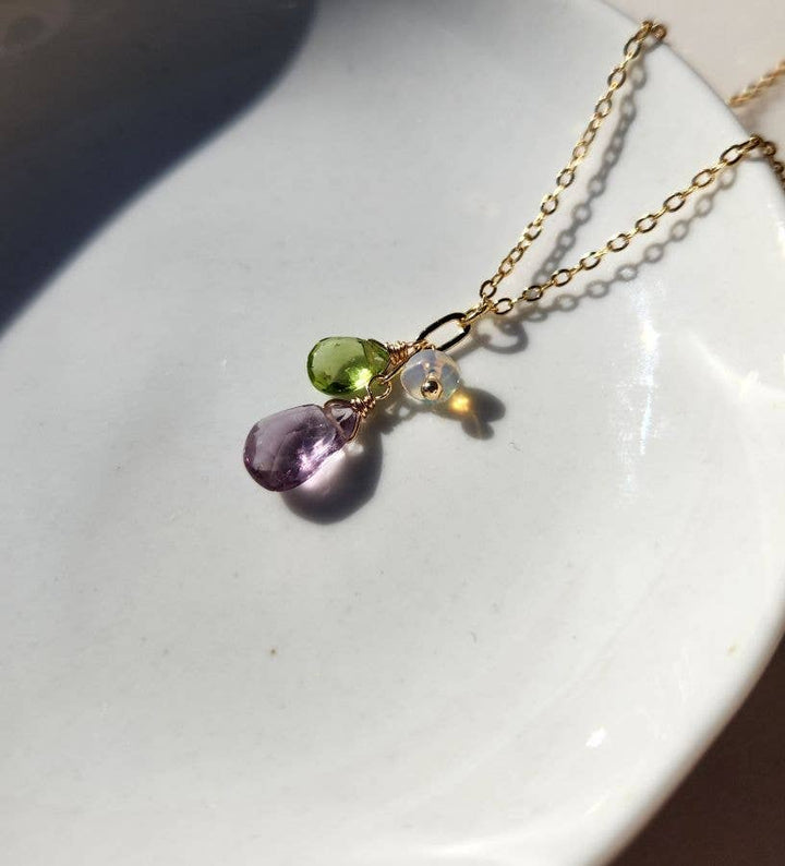 Light Amethyst, Peridot and Opal Gold Cluster Necklace
