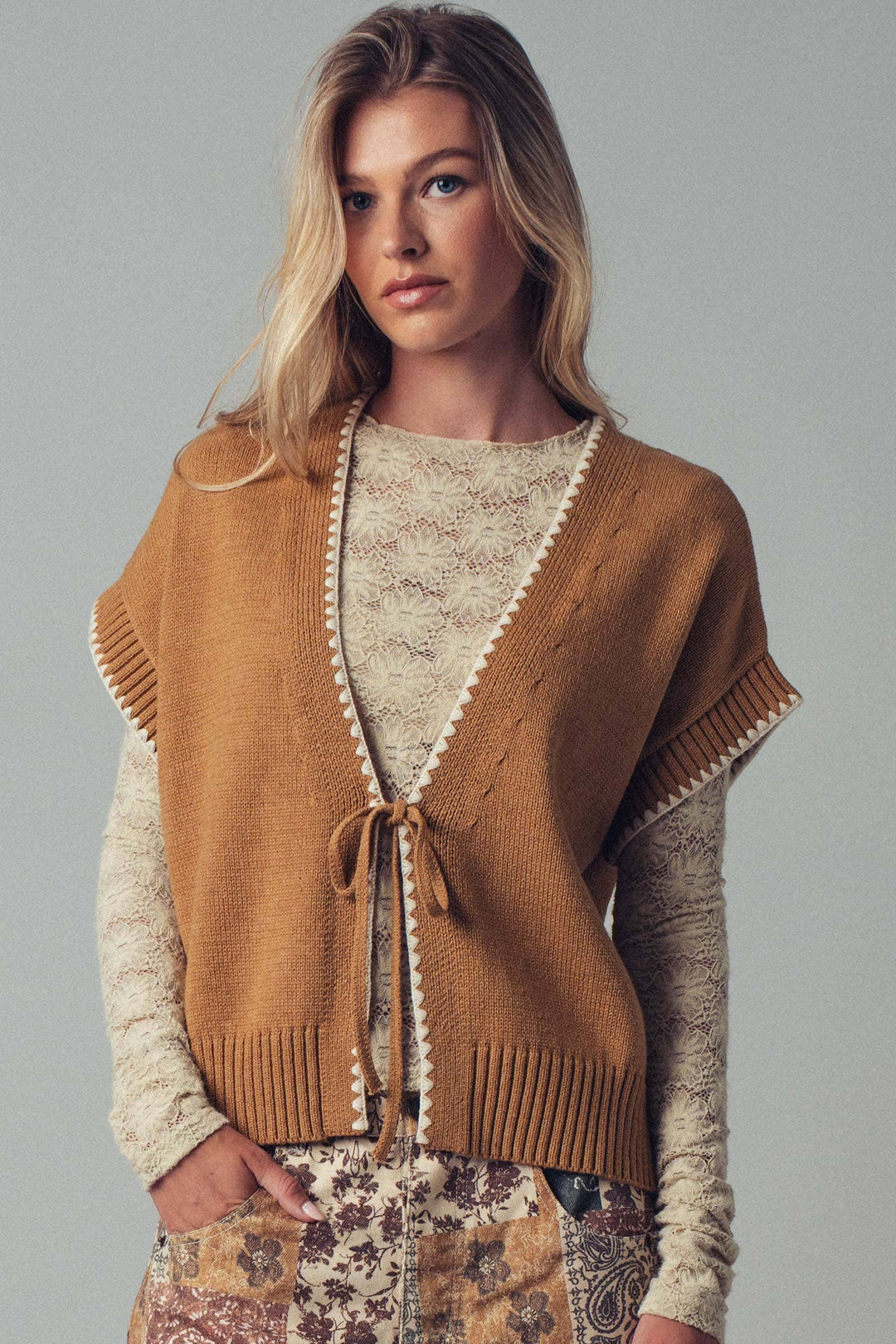 Crochet Trim Tie Front Knit Vest- 2 Colors