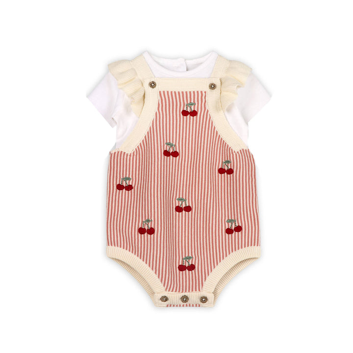 Cherry Stripe Embroidered Ruffle Romper