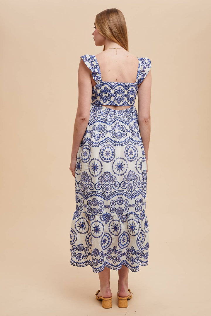 Embroidered Blue Eyelet Midi Dress