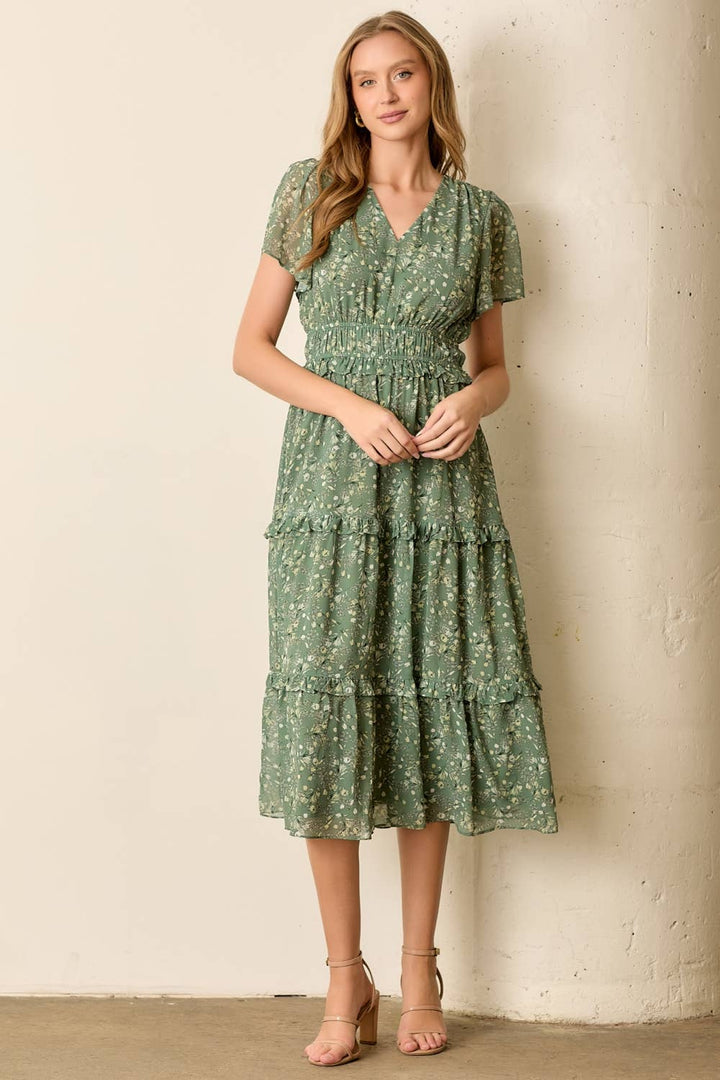 Floral Printed V-Neck Midi Dress