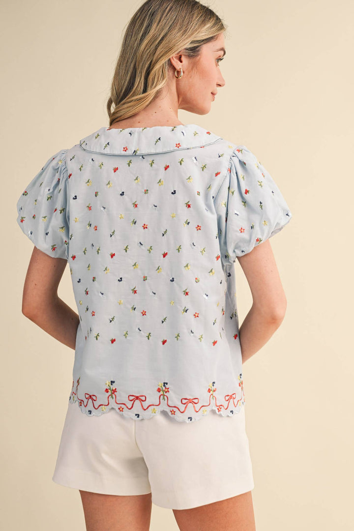 Embroidered Floral Bubble Sleeve Button Down in Baby Blue