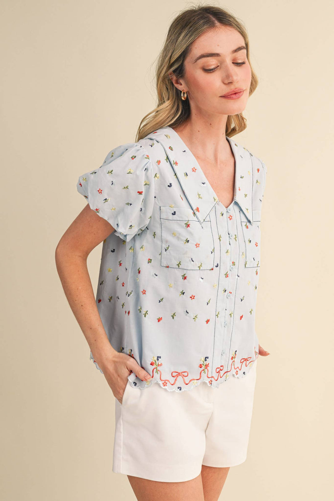 Embroidered Floral Bubble Sleeve Button Down in Baby Blue