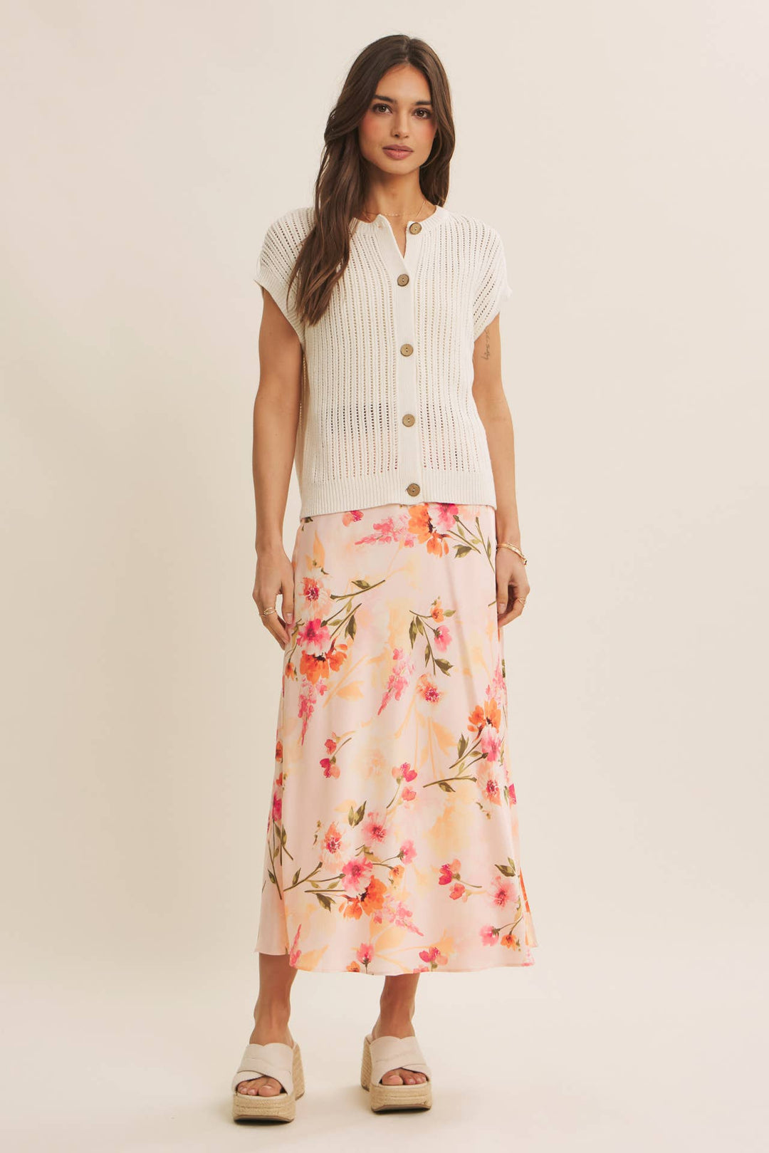 Floral Satin Bias Midi Skirt