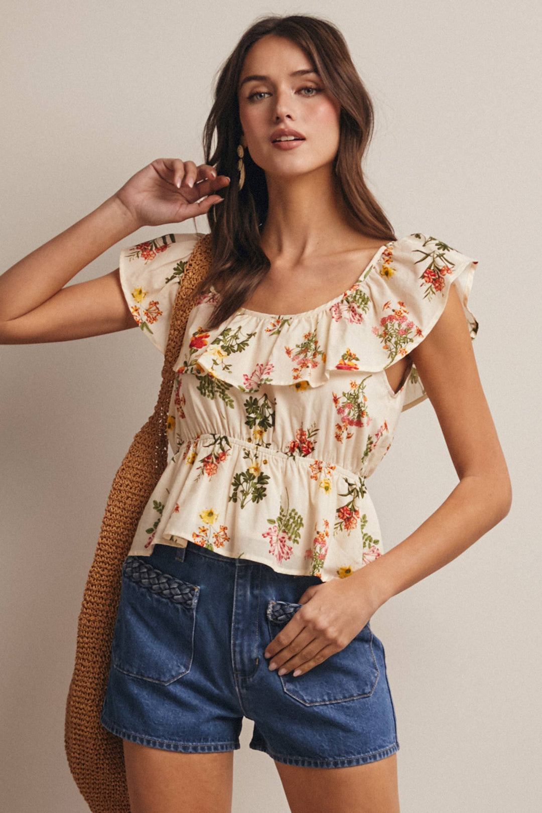 Floral Ruffle Neck Cotton Blouse