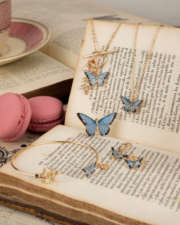 Blue Butterfly &amp; Leaf Charm Necklace