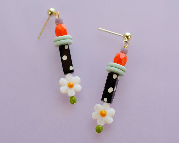 Petal Earrings, Black &amp; White Polka Dots