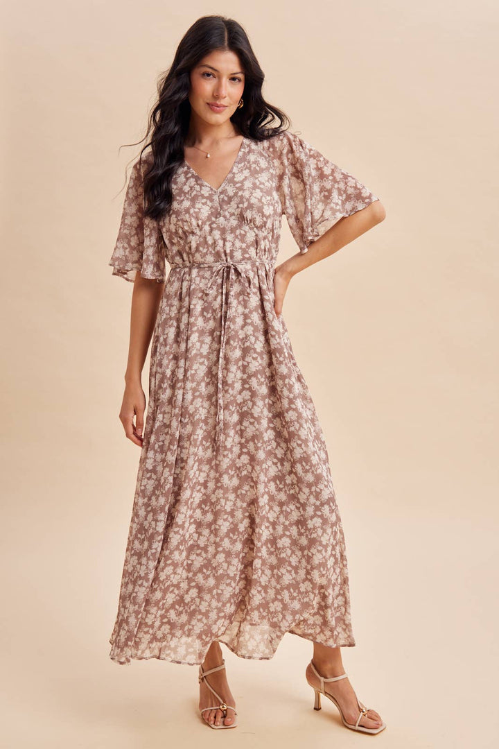 Flutter Sleeve Floral Maxi in Dark Taupe