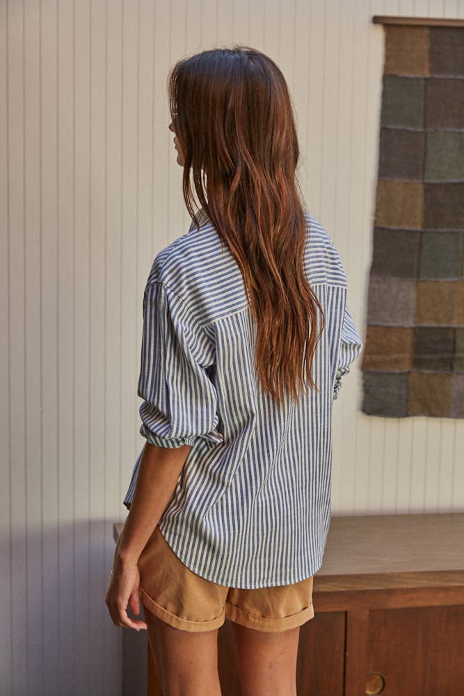 Blue Stripe Button Front Long Sleeve