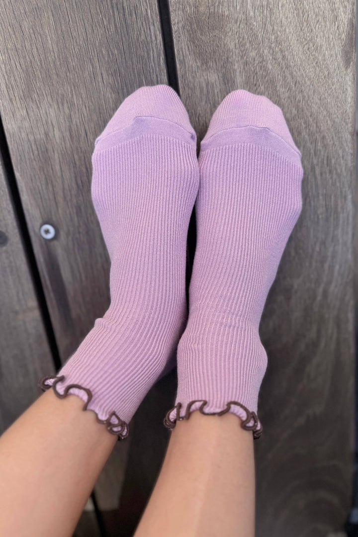 The Petite Ruffled Modal Socks in Lilac/ Brown