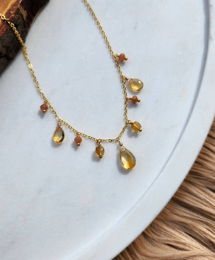 Citrine and Sunstone Gold Goddess Fringe Necklace
