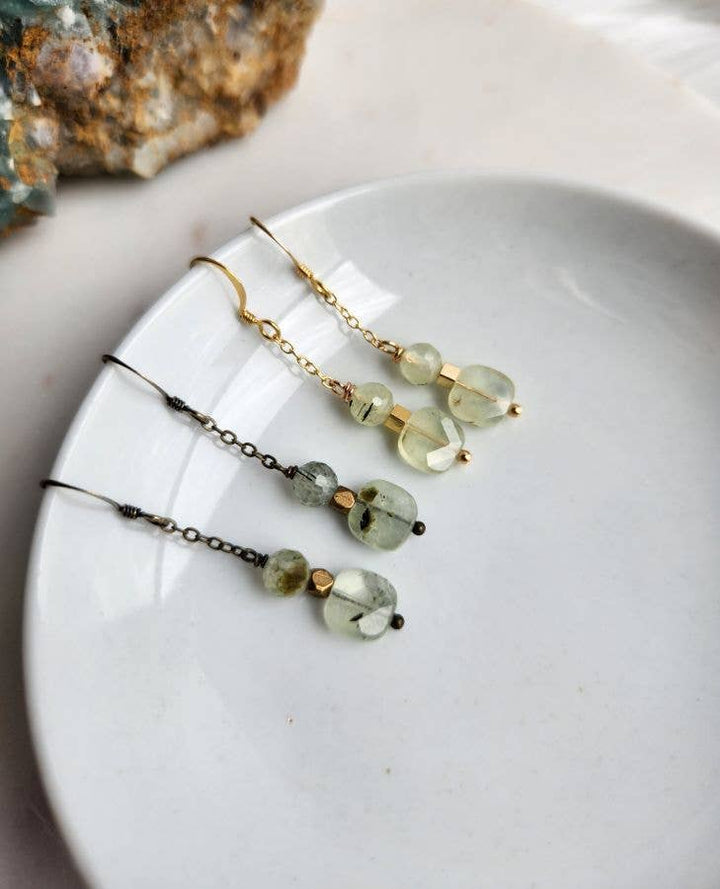 Prehnite Square and Round Beaded Gold Chain Earrings