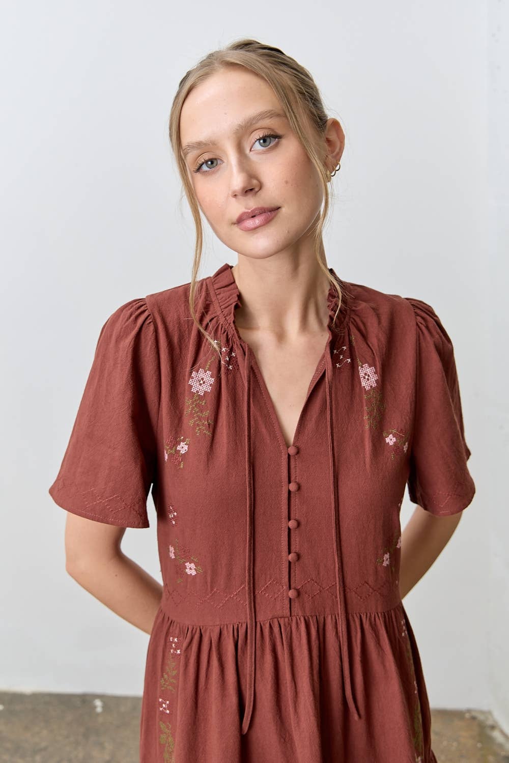 Cross Stitch Flutter Sleeve Maxi Dress