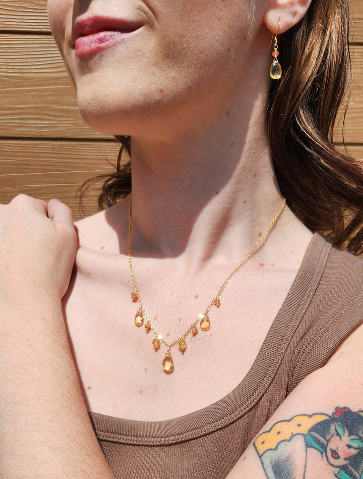 Citrine and Sunstone Gold Goddess Fringe Necklace
