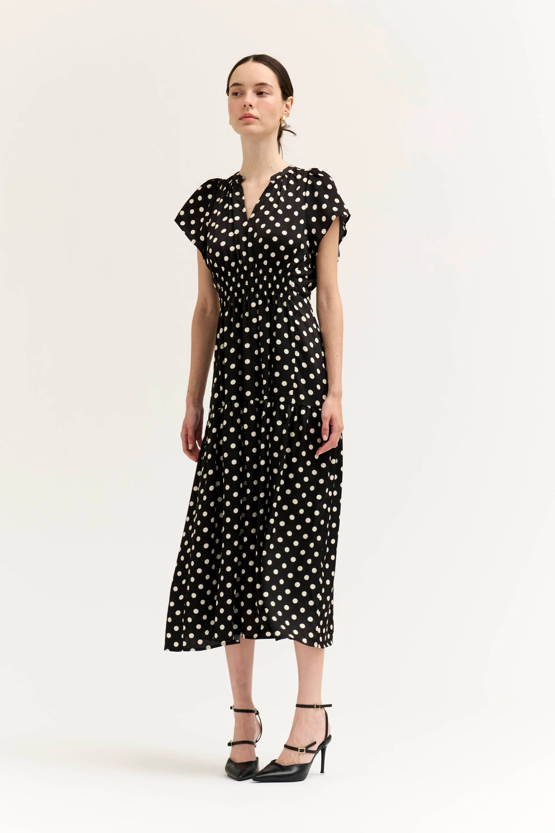 Satin Ruffle Midi Dress in Black and White Dots
