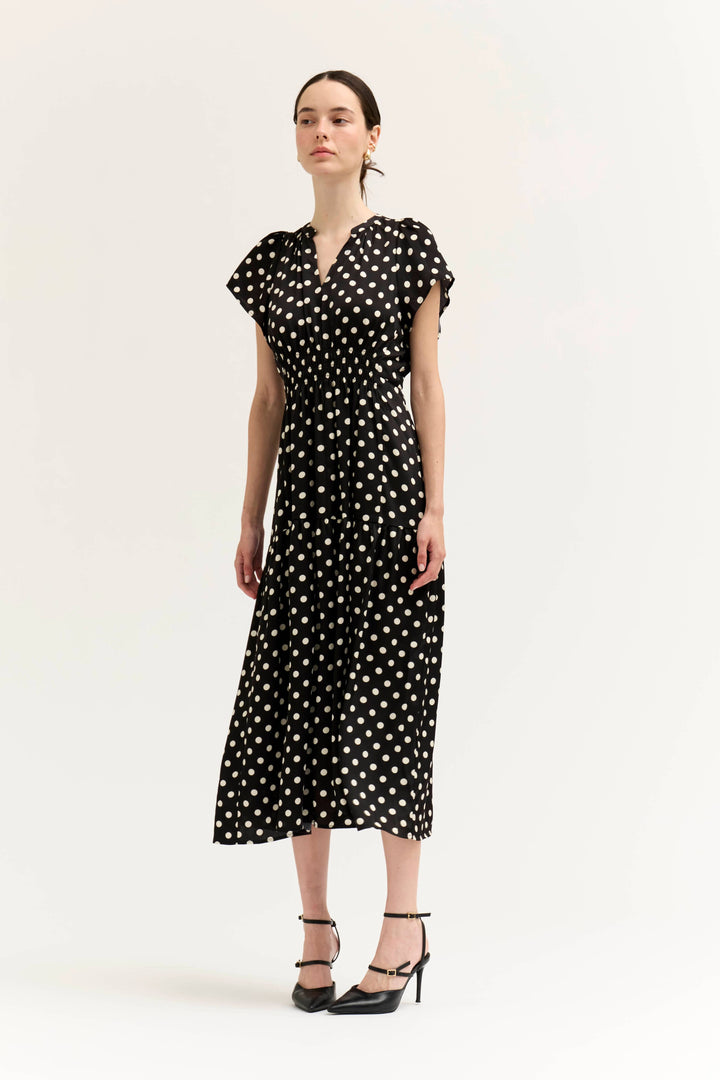 Satin Ruffle Midi Dress in Black and White Dots