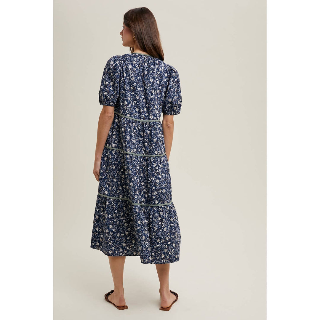 Navy Floral Piping Midi Dress