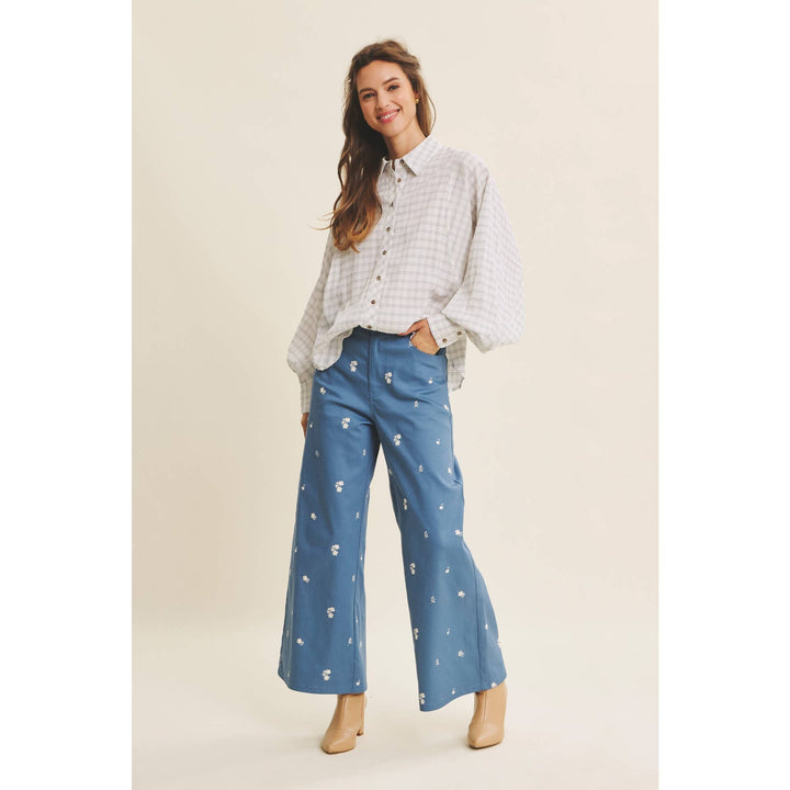 Embroidery Wide Leg Pants in Steel Blue