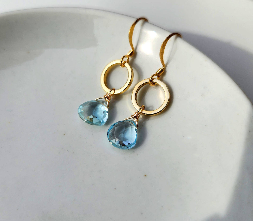 Blue Topaz Gold Circle Earrings