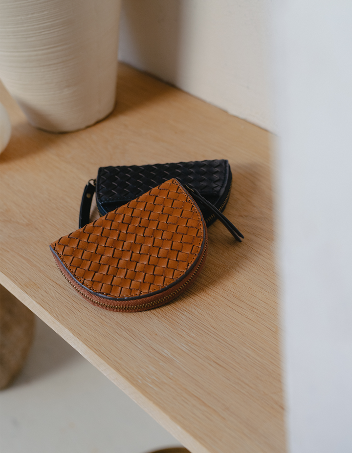 Laura Coin Purse, Cognac Woven Classic Leather
