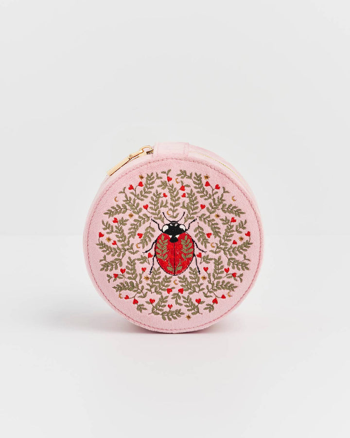 Ladybug Pink Velvet Embroidered Circle Jewelry Box