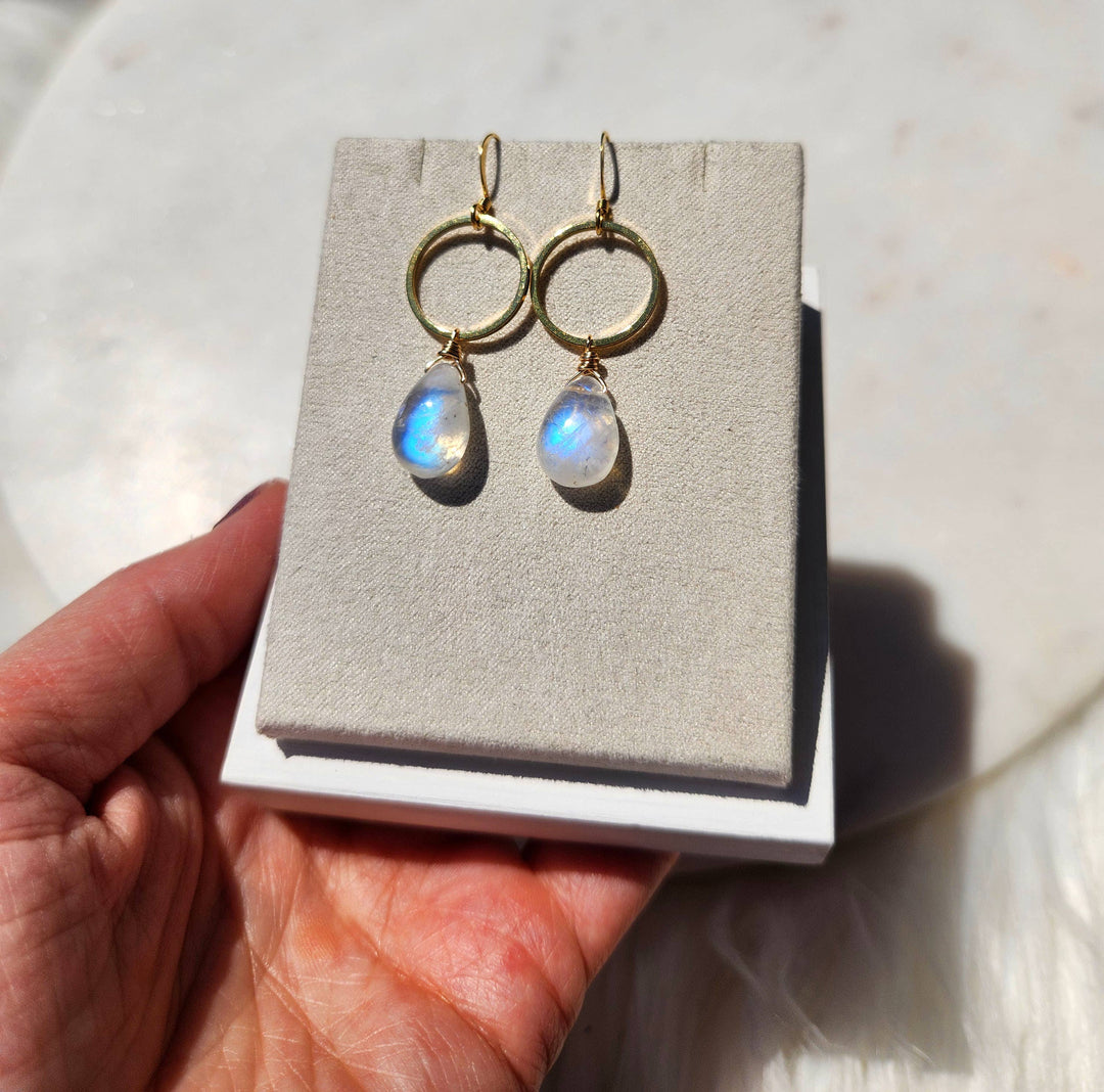 Smooth Rainbow Moonstone Large Teardrop Circle Earrings