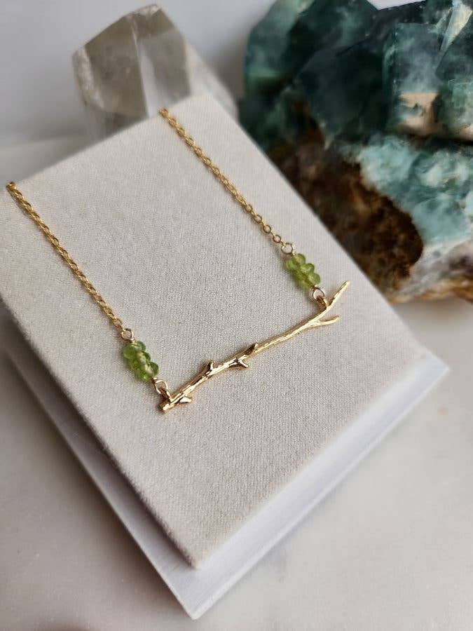 Gold Thin Branch and Peridot Necklace