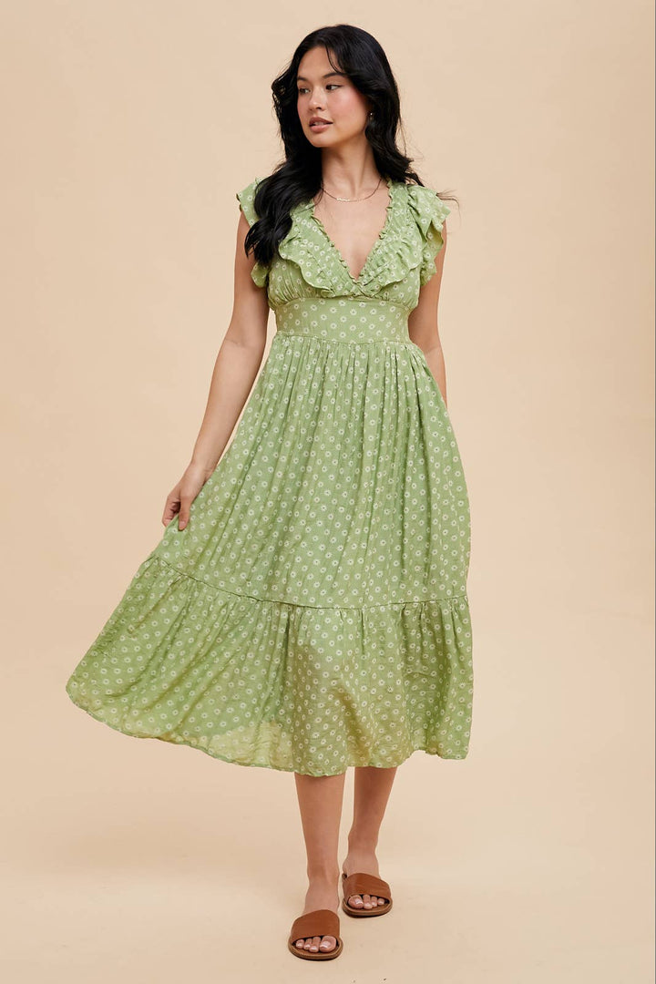 Ruffle V-Neck Midi Dress in Green Tea