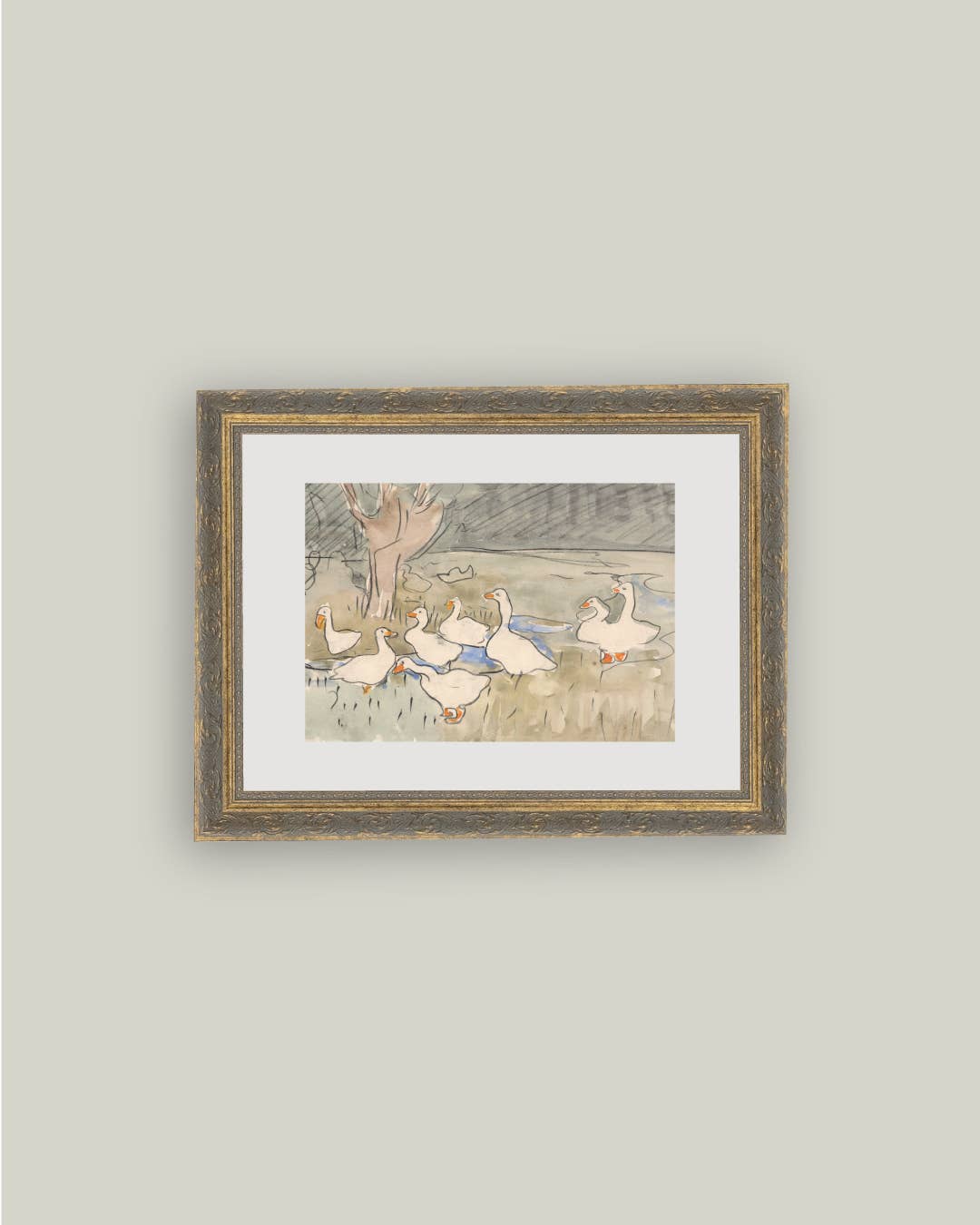 Geese Pond Framed Antique Art, 10x8