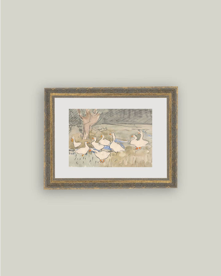 Geese Pond Framed Antique Art, 10x8
