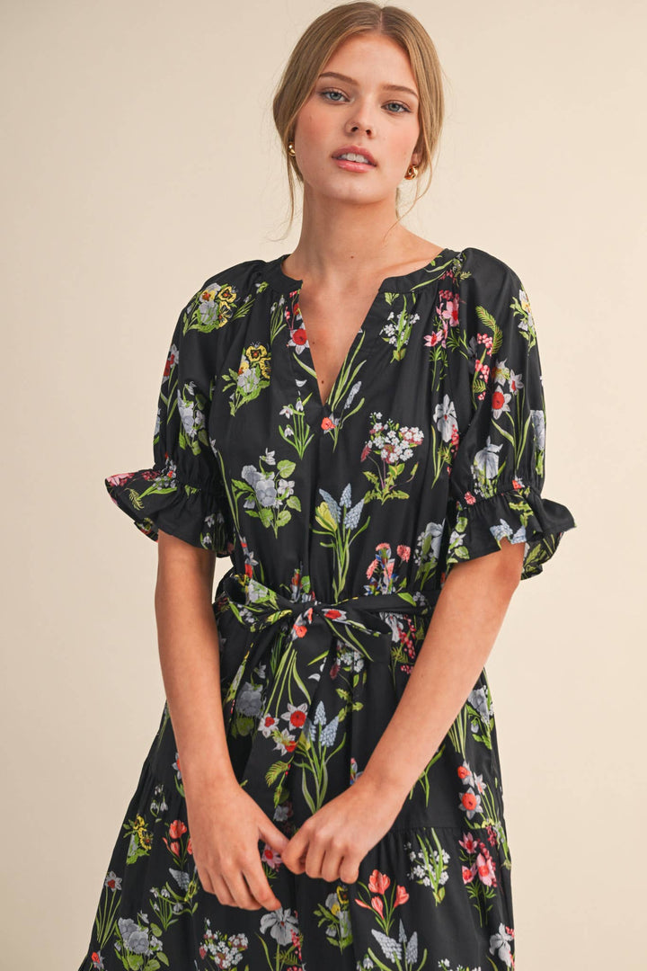 Floral Print Belted Midi Dress in Black