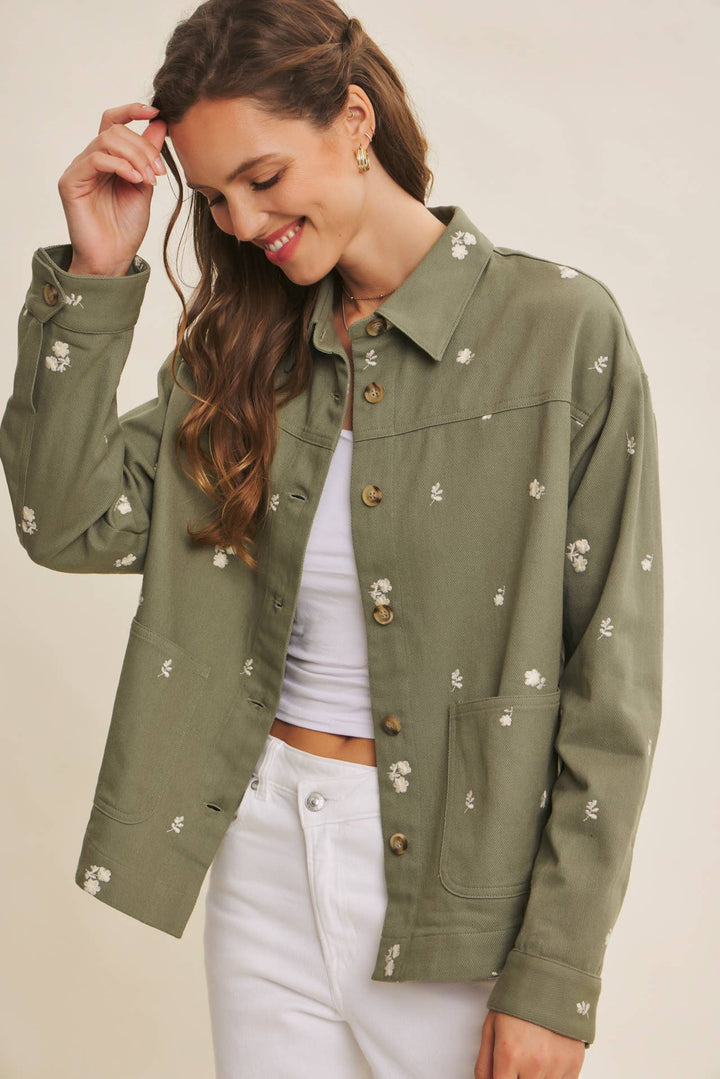 Embroidered Utility Jacket in Olive