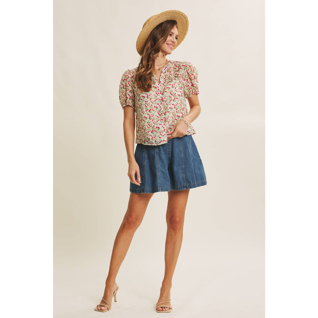 Cherry Puff Sleeve Button Down Blouse