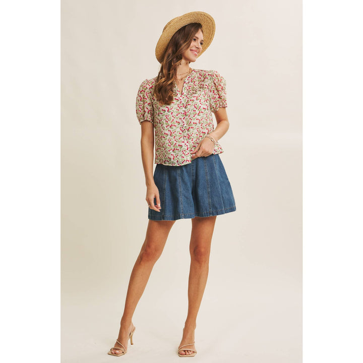 Cherry Puff Sleeve Button Down Blouse