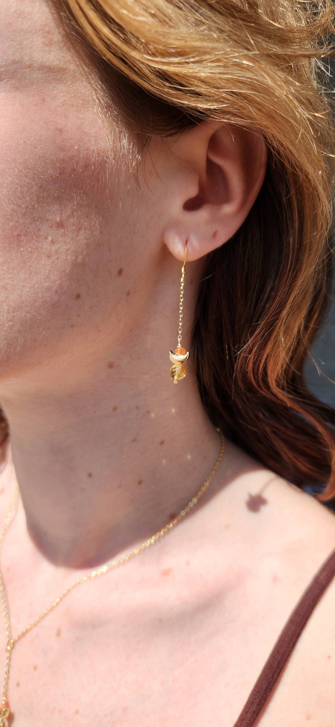 Citrine and Sunstone Crescent Gold Chain Earrings