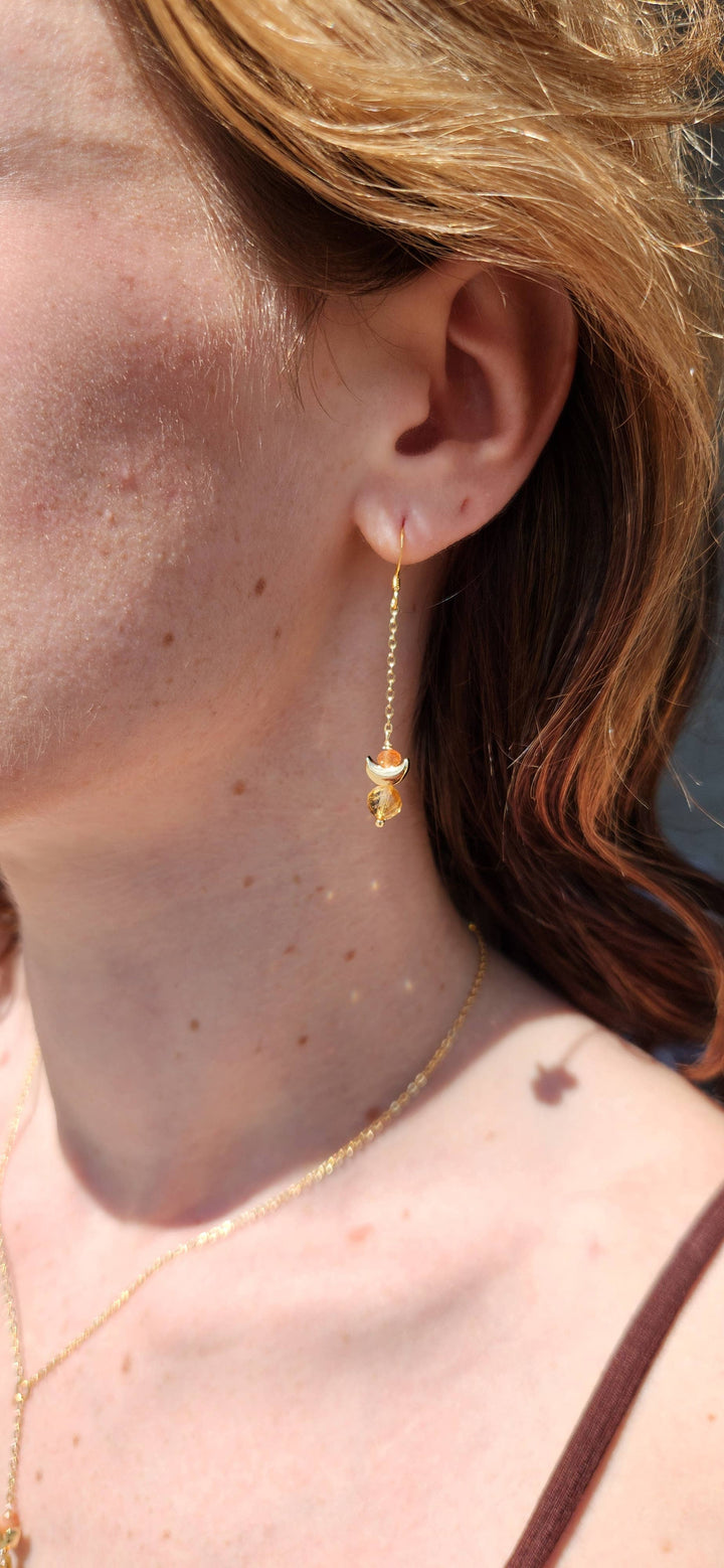 Citrine and Sunstone Crescent Gold Chain Earrings