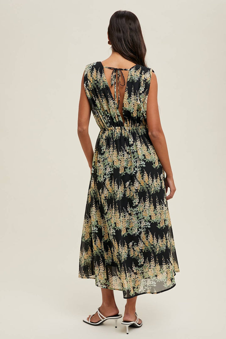 Floral Sleeveless Midi Dress in Black/Yellow