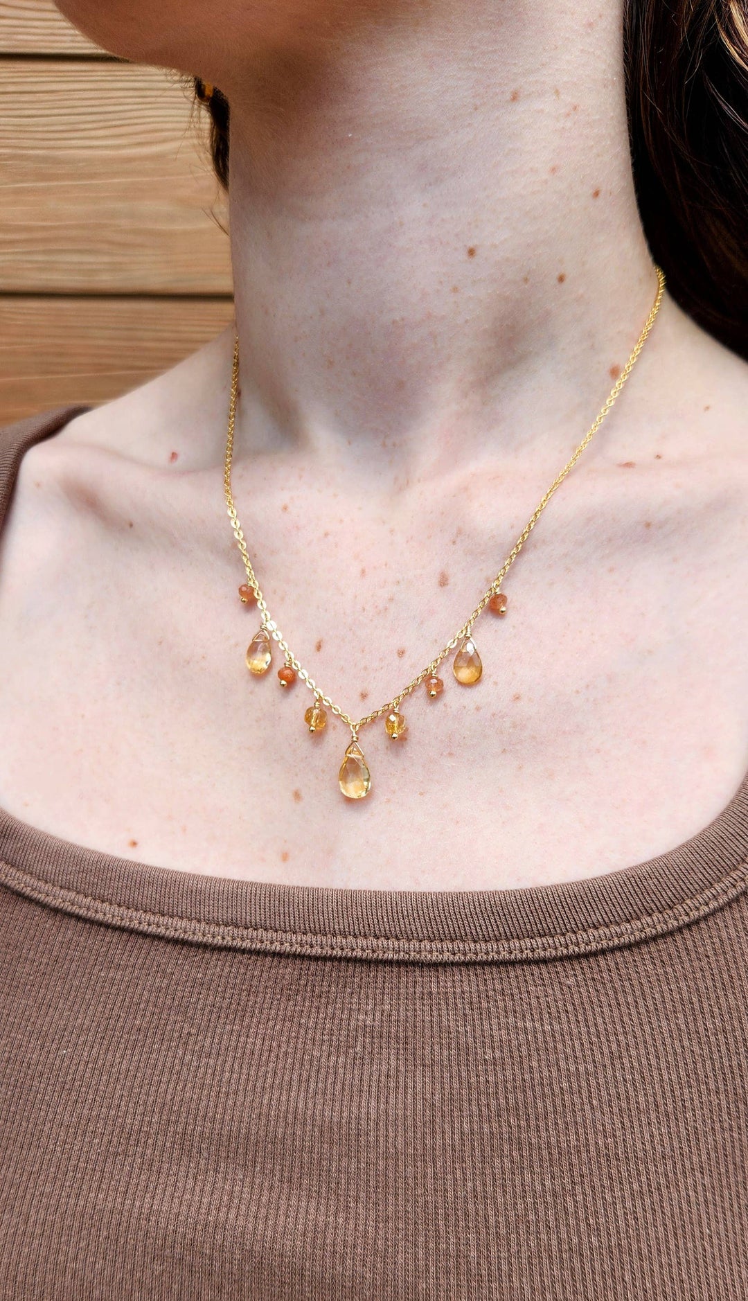 Citrine and Sunstone Gold Goddess Fringe Necklace