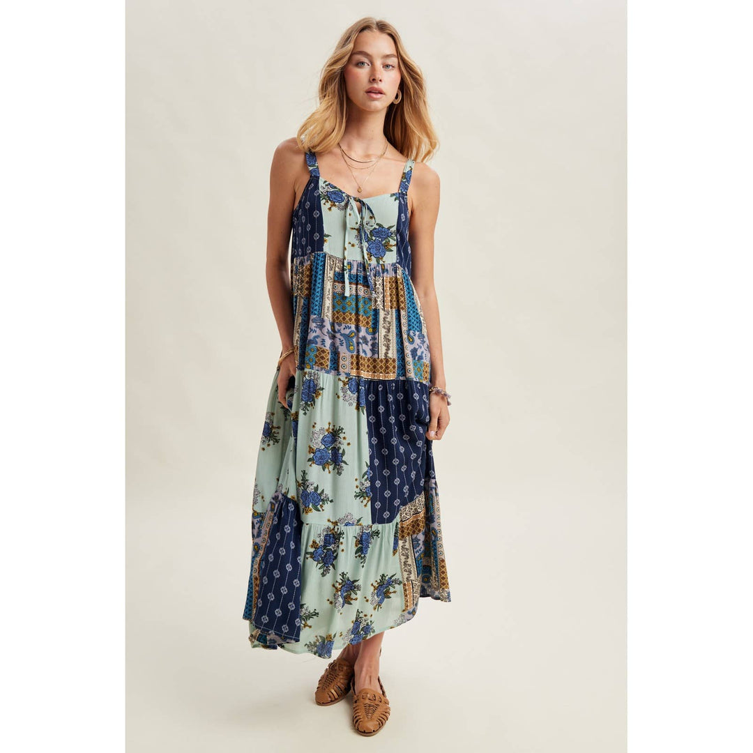 Patchwork Print Tiered Midi Dress