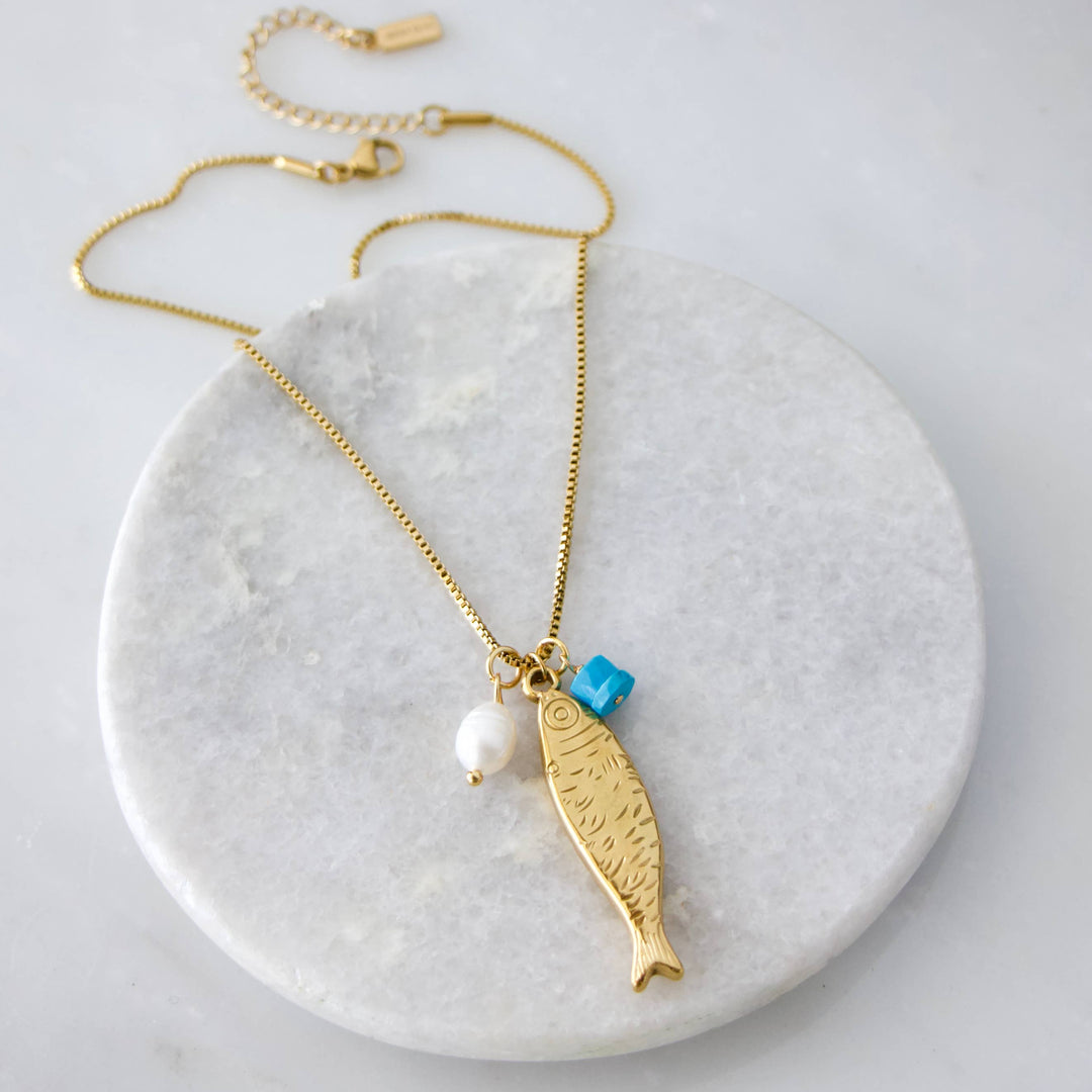 Fish Pearl and Turquoise Necklace - Waterproof